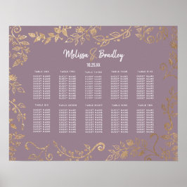 Guld Blommigt Glitter Mauve Lilac Sittplatsdiagram Poster