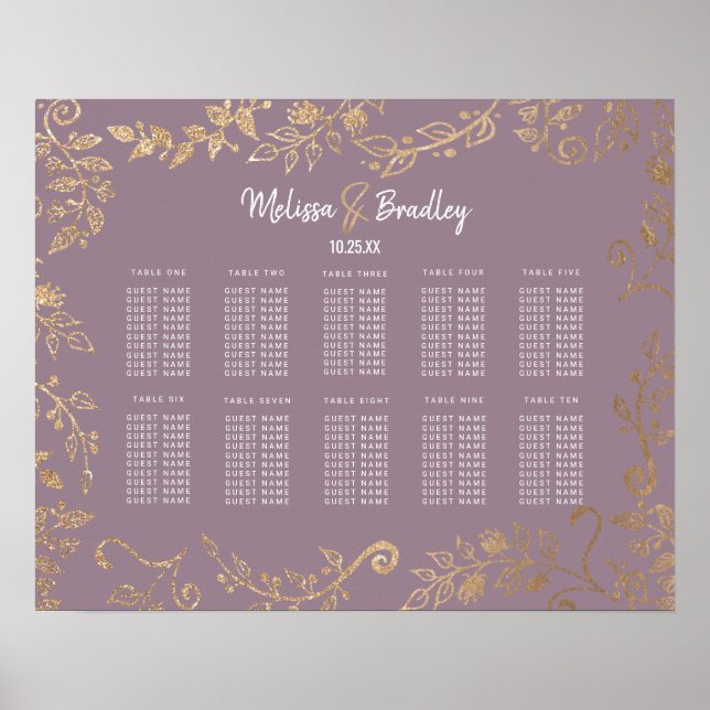 Guld Blommigt Glitter Mauve Lilac Sittplatsdiagram Poster (Framsidan)