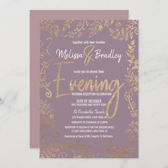 Guld Blommigt Glitter Ombre Mauve Lilac Evening Inbjudningar (Fram/baksida)