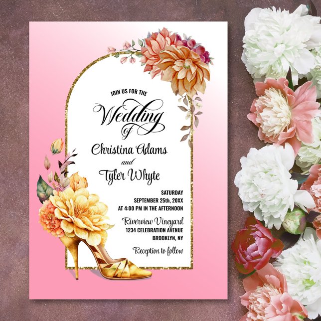 Guld Blommigt High Heel Rosa Arch Bröllop Inbjudningar (Skapare uppladdad)