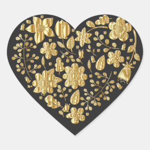 Guld blommigt hjärta hjärtformat klistermärke