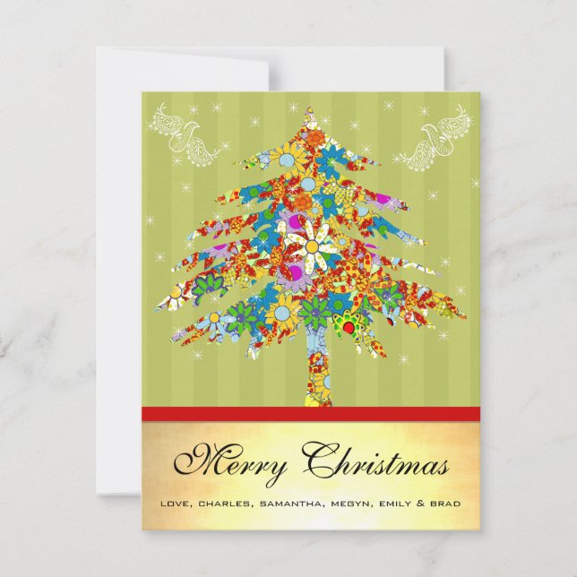 Guld Blommigt Julgran med stjärnor Julkort (Framsida)