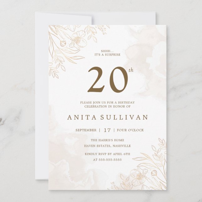 Guld Blommigt Löv Gräns 20-årsdagen av Inbjudningar (Framsida)
