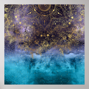 Guld blommigt mandala och konetti-bild poster