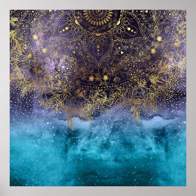 Guld blommigt mandala och konetti-bild poster (Framsidan)