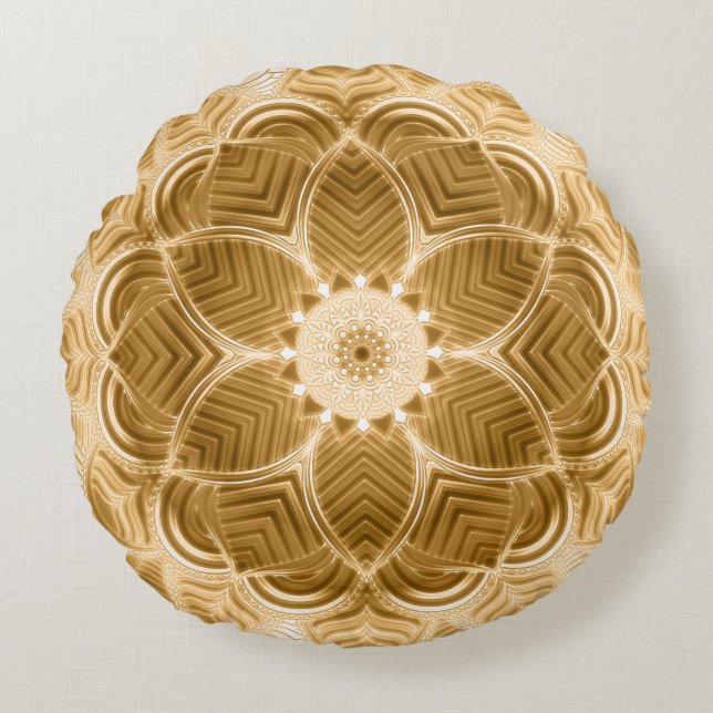 Guld Blommigt Mandala Pillow Rund Kudde (Framsidan)