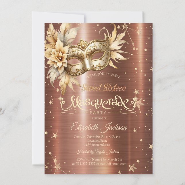 Guld Blommigt Masque Stars Brown Metallic Sweet 16 Inbjudningar (Framsida)