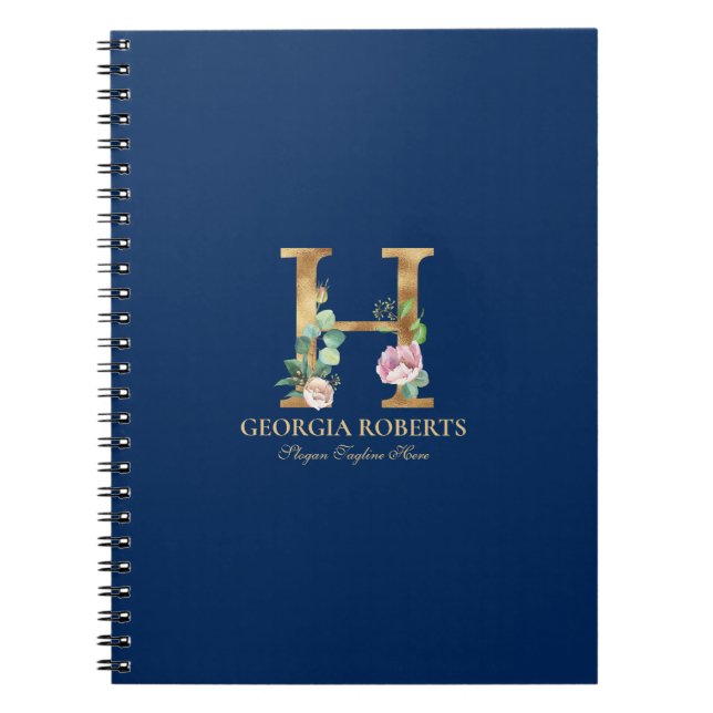 Guld & blommigt med texten Monogram på blå 3 Ring  Anteckningsbok (Framsidan)