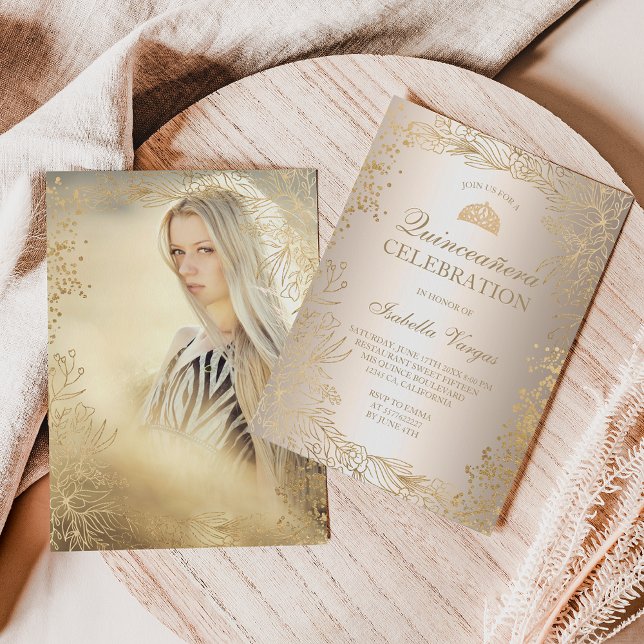 Guld blommigt metallfoto Tiara chic Quinceañera Inbjudningar (Skapare uppladdad)