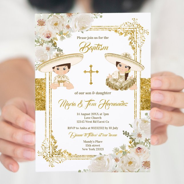 Guld Blommigt, mexikansk baptism Fiesta Twin Inbjudningar (Skapare uppladdad)