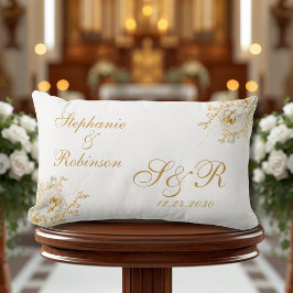 Guld Blommigt Monogram Bröllop Gift Dekorativ kudd Lumbarkudde