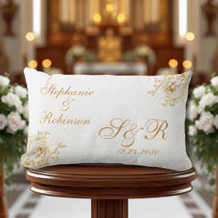 Guld Blommigt Monogram Bröllop Gift Dekorativ kudd Lumbarkudde