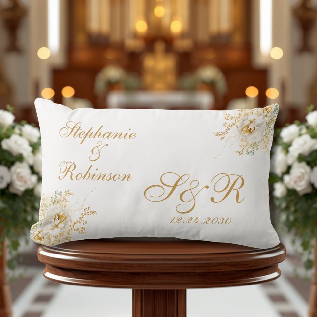 Guld Blommigt Monogram Bröllop Gift Dekorativ kudd Lumbarkudde (Skapare uppladdad)