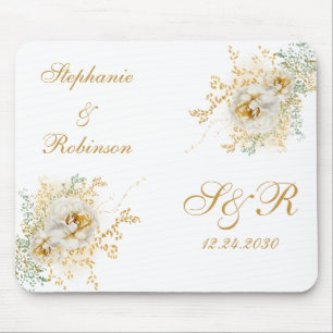 Guld Blommigt Monogram Bröllop Musmatta