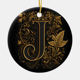 Guld Blommigt Monogram J Julgransprydnad Keramik
