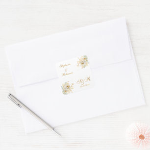 Guld Blommigt Monogram Logotyp Bröllop Fyrkantigt Klistermärke