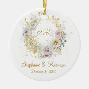 Guld Blommigt Monogram Logotyp Bröllop Gift Julgransprydnad Keramik