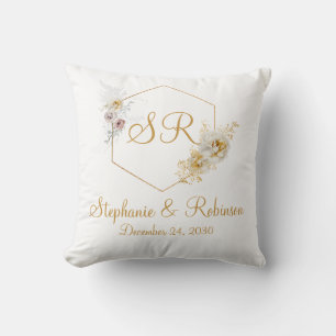 Guld Blommigt Monogram Logotyp Bröllop Gift Kudde