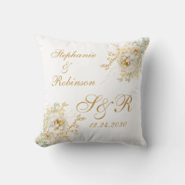 Guld Blommigt Monogram Logotyp Bröllop Gift Kudde