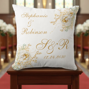 Guld Blommigt Monogram Logotyp Bröllop Gift Kudde