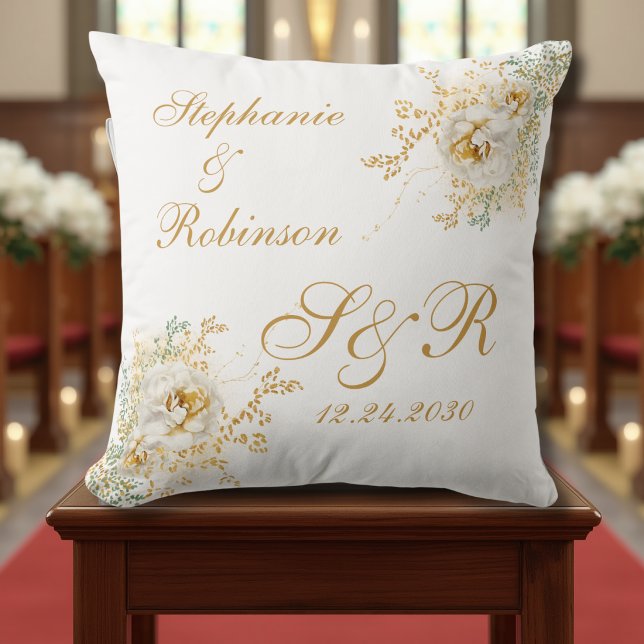 Guld Blommigt Monogram Logotyp Bröllop Gift Kudde (Skapare uppladdad)