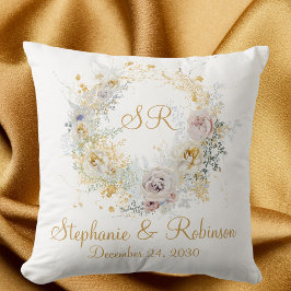 Guld Blommigt Monogram Logotyp Bröllop Gift Kudde