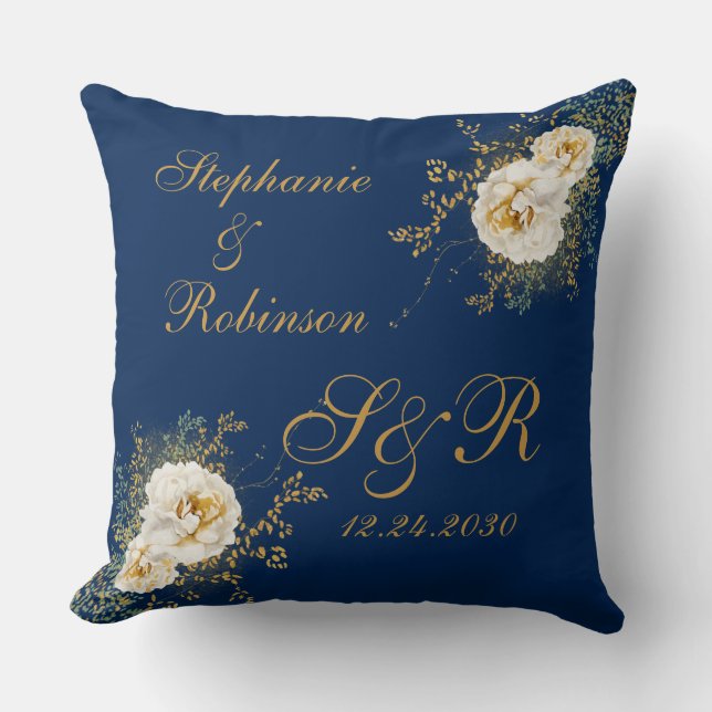 Guld Blommigt Monogram Logotyp på marinblått Bröll Kudde (Framsida)