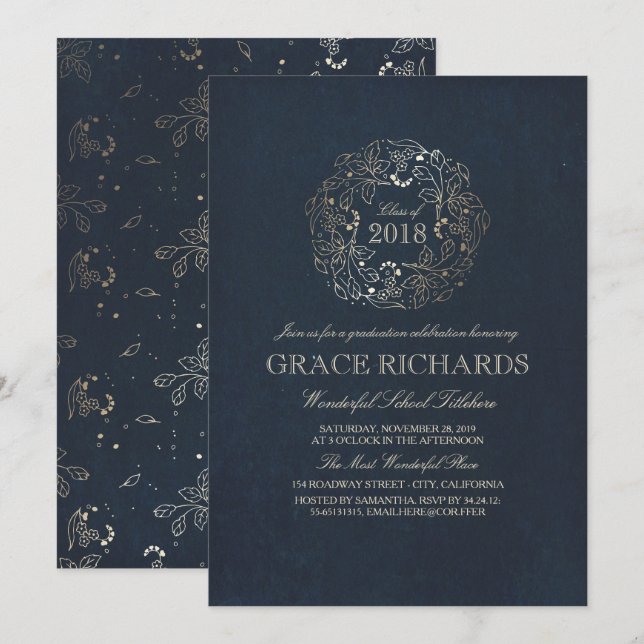 Guld Blommigt Monogram Vintage Navy Studentfest Inbjudningar (Fram/baksida)