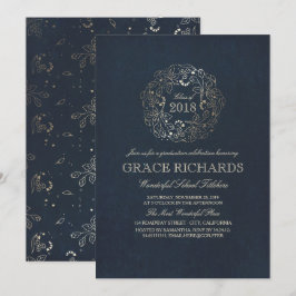 Guld Blommigt Monogram Vintage Navy Studentfest Inbjudningar