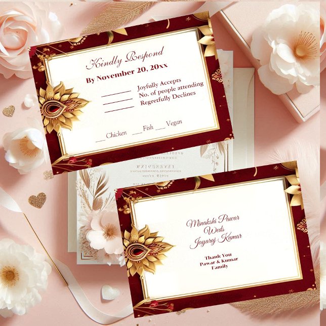 Guld Blommigt Motif Asymmetric Grand Indian Bröllo OSA Kort (Gold Floral Motif Asymmetric Grand Indian Wedding RSVP Card)