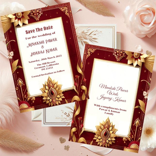 Guld Blommigt Motif Asymmetric Grand Indian Bröllo Spara Datumet (Gold Floral Motif Asymmetric Grand Indian Wedding Save The Date)