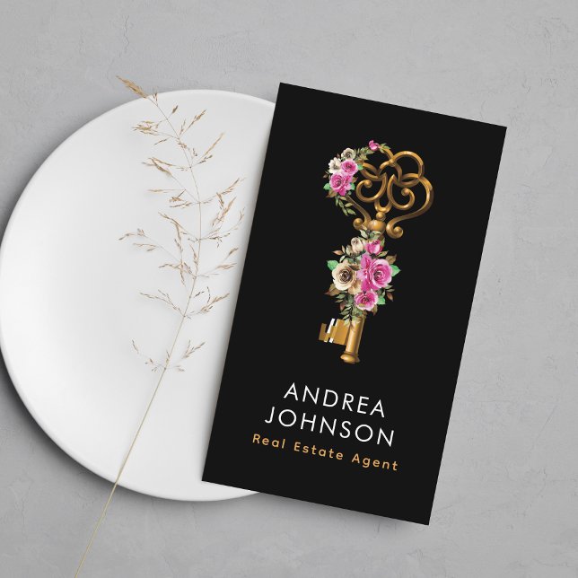 Guld Blommigt Nyckel Logotyp Real Gods Lägg till Q Visitkort (Skapare uppladdad)