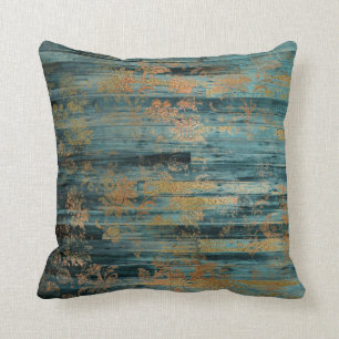 Guld Blommigt och Blue Rustic Wood Decoupage Kudde