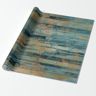 Guld Blommigt och Blue Rustic Wood Presentpapper