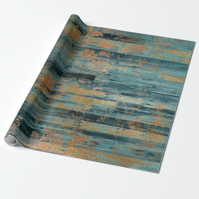 Guld Blommigt och Blue Rustic Wood Presentpapper (Utrullad)