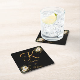 Guld Blommigt på Bröllop-giftmonogram i Svarta Underlägg Papper Kvadrat