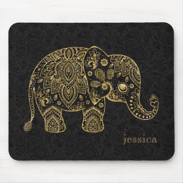 Guld Blommigt paisley Elephant Illustration Musmatta (Framsidan)