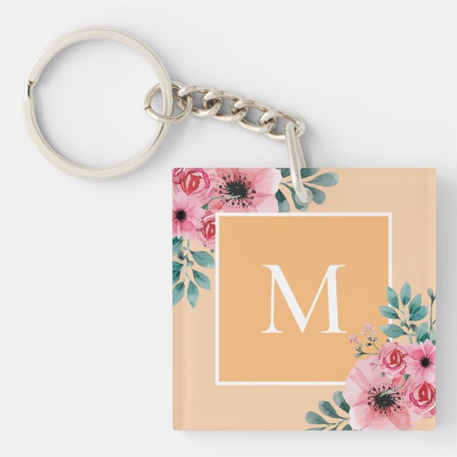 Guld | Blommigt Photo Monogram-Nyckelring (Framsidan)