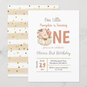 Guld Blommigt Pumpkin Turning 1 Birthday-inbjudan Inbjudningar