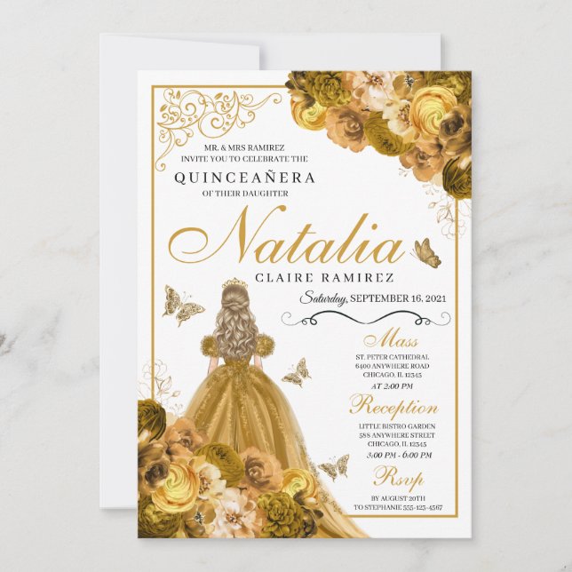 Guld Blommigt Quinceanera Birthday-inbjudan Inbjudningar (Framsida)