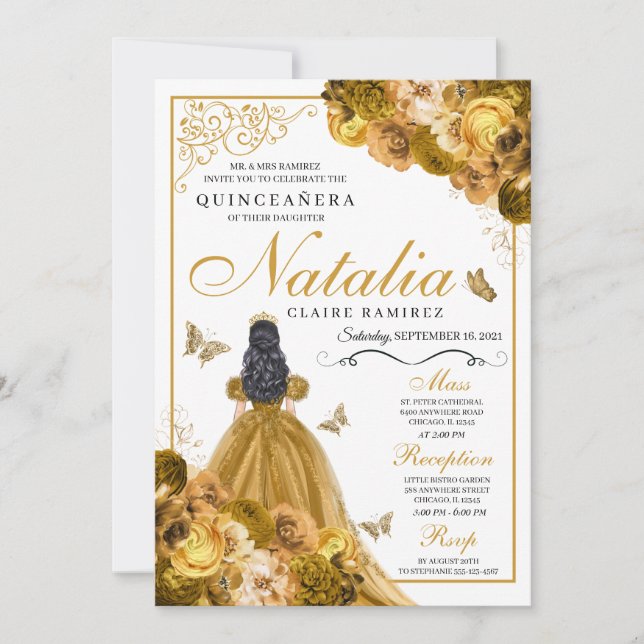 Guld Blommigt Quinceanera Birthday-inbjudan Inbjudningar (Framsida)