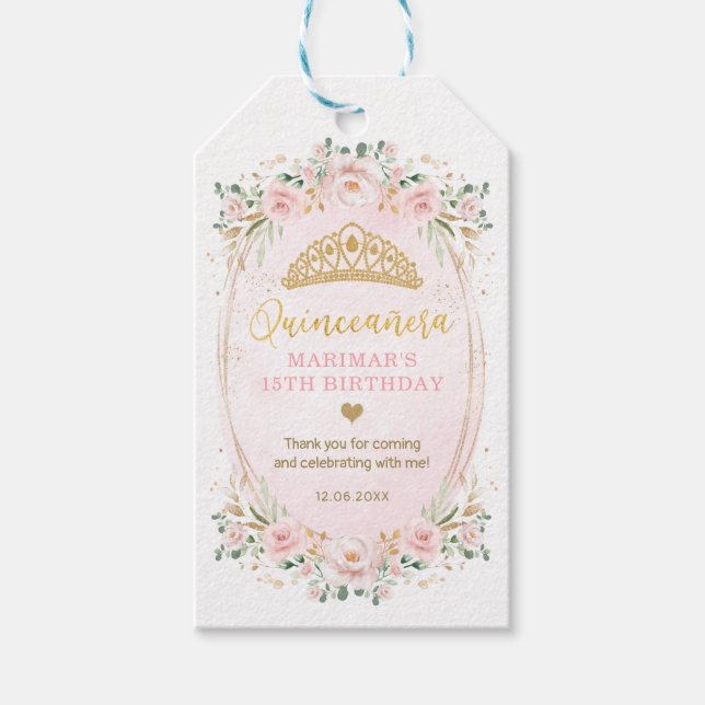  Guld Blommigt Quinceanera Mis Quince Birthday Presentetikett (Framsidan)