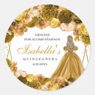 Guld Blommigt Quinceanera Round Stickers Runt Klistermärke