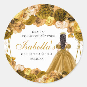 Guld Blommigt Quinceanera Round Stickers Runt Klistermärke