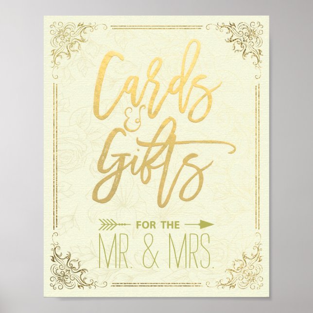 Guld Blommigt Ram Cards Gifts Bröllop Sign Poster (Framsidan)