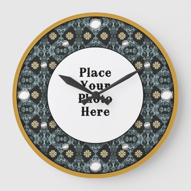 Guld Blommigt Ram din muspekarklås för foto Stor Klocka (Framsida)