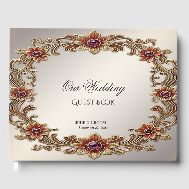 Guld Blommigt Ram med Red Stones Guest Bok (Framsida)