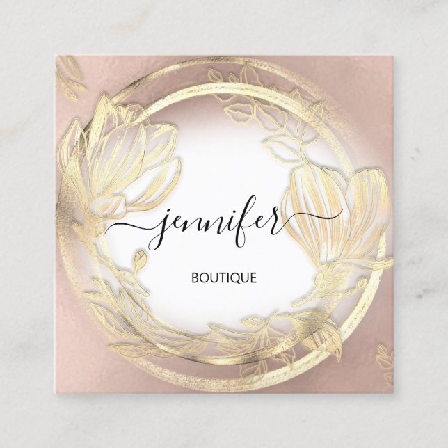 Guld Blommigt Ram QRCode Logotyp Ro White Fyrkantigt Visitkort (Framsida)