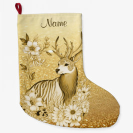 Guld Blommigt Reindeer Jul Stock Stor Julstrumpa