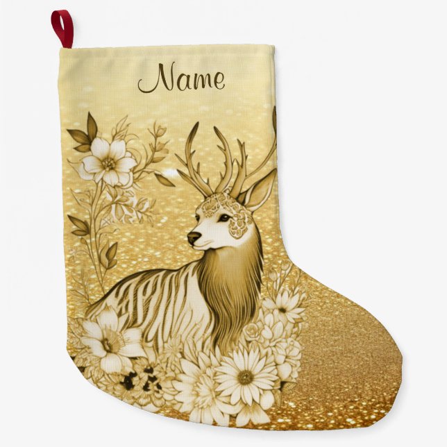Guld Blommigt Reindeer Jul Stock Stor Julstrumpa (Framsidan)